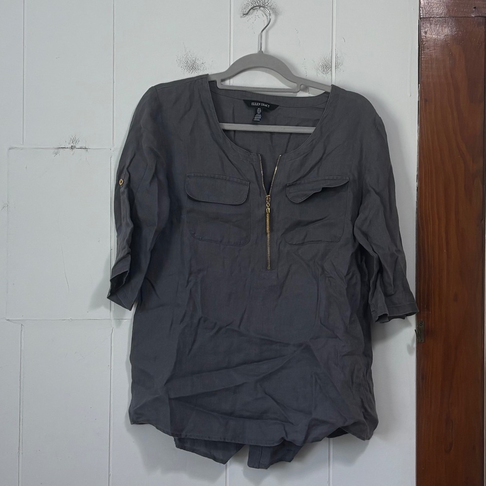 Ellen Tracy Womens Gray 100% Linen Half Zip Utility Blouse 3/4 Roll Tab Sleeve S